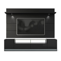 Manhattan Comfort 2-1755382353 Vanderbilt TV Stand and Cabrini 2.2 Floating Wall TV Panel with LED Lights in Black Gloss and Black Matte